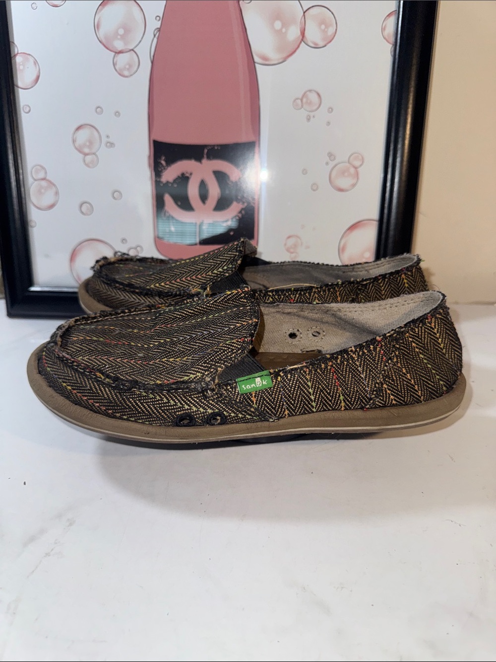 Sanuk Brown Herringbone Slip-On Moccasins with Multicolor Thread Women’s Size 7